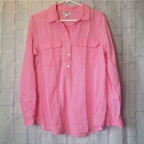 OLD NAVY Linen-Blend Quarter Button Top Bubblegum Pink Large - Picture 1 of 6